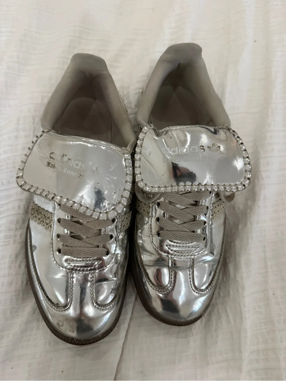 Wales Bonner Metallic Silver Patent Sneakers with Rhinestone Flap